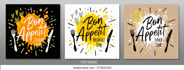 Bon Appetit, enjoy your meal, quote, phrase, food poster, splash, fork, knife. Lettering, sketch doodle style, sign. For menu, cafe, restaurant, lunch time, breakfast, dinner. Vector illustration