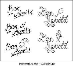 Bon appetit, Enjoy your meal. Lettering hand written text, vector isolated. Invitation to enjoy meal.