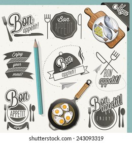 Bon Appetit! Enjoy your meal! Retro vintage style hand drawn typographic symbols for restaurant menu design. Set of Calligraphic titles and symbols. Fast food. Meal lettering collection.