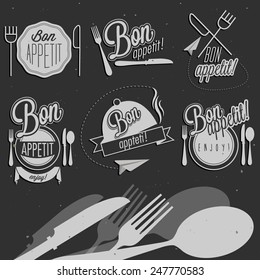 Bon Appetit! Enjoy your meal! Retro vintage style hand drawn typographic symbols for restaurant menu design. Set of Calligraphic titles and symbols. Fast food. Meal lettering collection.