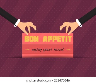 Bon Appetit and Enjoy Your Meal Lettering, Flat Long Shadow Style Card Hold Hands Vector Design