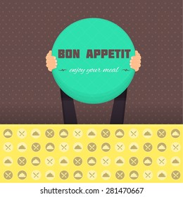 Bon Appetit and Enjoy Your Meal Lettering, Flat Long Shadow Style Card Hold Hands Vector Design