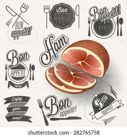 Bon Appetit! Enjoy your meal! Retro vintage style hand drawn typographic symbols for restaurant menu design. Set of Calligraphic titles and symbols. Ham realistic illustration