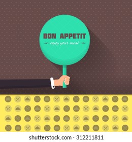 Bon Appetit and Enjoy Your Meal Lettering, Flat Long Shadow Style Card Hold Hands Vector Design