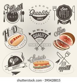 Bon Appetit! Enjoy your meal! Retro vintage style hand drawn typographic symbols for restaurant menu design. Set of Calligraphic titles and symbols. Ham , hot dog and sandwich realistic illustration.