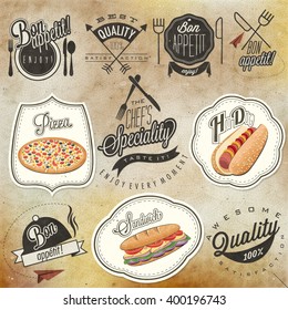 Bon Appetit! Enjoy your meal! Retro vintage style hand drawn typographic symbols for restaurant menu design. Set of Calligraphic titles and symbols. Ham , hot dog and sandwich realistic illustration.