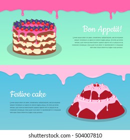 Bon appetit. Festive cake web banner. Chocolate cake bakery isolated design flat. Birthday cake, dessert and cookies, sweet confectionery, delicious cream, tasty pastry cake. Vector illustration