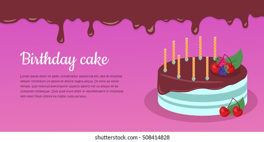 Bon appetit. Festive cake web banner. Chocolate cake bakery isolated design flat. Birthday cake, dessert and cookies, sweet confectionery, delicious cream, tasty pastry cake. Vector illustration