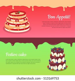 Bon appetit. Festive cake web banner. Chocolate cake bakery isolated design flat. Birthday cake, dessert and cookies, sweet confectionery, delicious cream, tasty pastry cake. Vector illustration