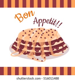 Bon Appetit. Festive cake web banner. Chocolate cake bakery isolated design flat. Birthday cake, dessert and cookies, sweet confectionery, delicious cream, tasty pastry cake. Vector illustration