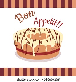 Bon Appetit. Festive cake web banner. Chocolate cake bakery isolated design flat. Birthday cake, dessert and cookies, sweet confectionery, delicious cream, tasty pastry cake. Vector illustration