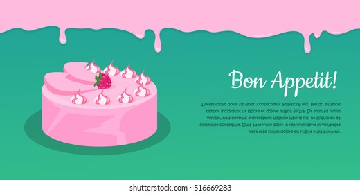 Bon appetit. Festive cake web banner. Chocolate cake bakery isolated design flat. Birthday cake, dessert and cookies, sweet confectionery, delicious cream, tasty pastry cake. Vector illustration