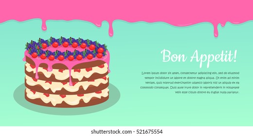 Bon appetit. Festive cake web banner. Chocolate cake bakery isolated design flat. Birthday cake, dessert and cookies, sweet confectionery, delicious cream, tasty pastry cake. Vector illustration