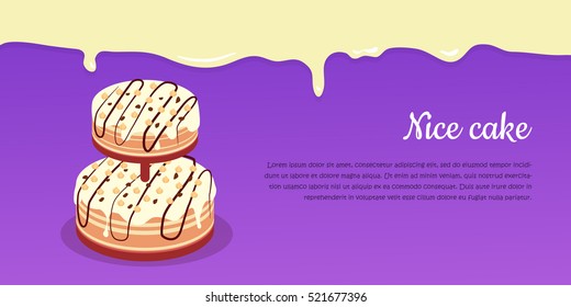 Bon appetit. Festive cake web banner. Chocolate cake bakery isolated design flat. Birthday cake, dessert and cookies, sweet confectionery, delicious cream, tasty pastry cake. Vector illustration