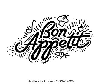 Bon appetit. Food Poster Print Lettering. Lettering kitchen cafe restaurant decoration. Hand drawn vector illustration. 