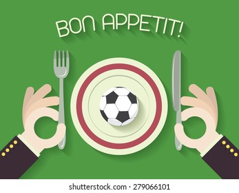 Bon Appetit! Football Or Soccer Concept Illustration With Ball On Plate. Vector Illustration