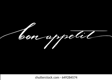 Bon appetit french phrase Enjoy your meal in French. Bon appetit. Handwritten white text on black background, vector. 