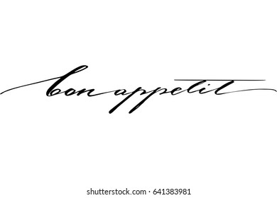 Bon appetit french phrase lettering text Enjoy your meal in French. Handwritten black text isolated on white background, vector. 