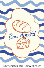 Bon Appetit Fresh Bread and Cheese Vintage Bakery Poster Art Illustration