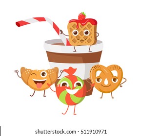 Bon appetit. Funny cartoon characters banner. Cupcake, doughnut, chocolate biscuit, cookies, cup of cola or soda. Smiling confectionery. Set of sweets in flat style design. Confection illustration
