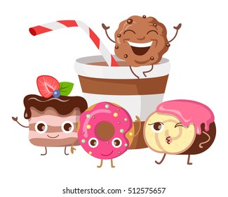 Bon appetit. Funny cartoon characters banner. Cupcake, doughnut, chocolate biscuit, cookies, cup of cola or soda. Smiling confectionery. Set of sweets in flat style design. Confection illustration