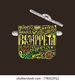 Bon appetit hand drawn colored pot