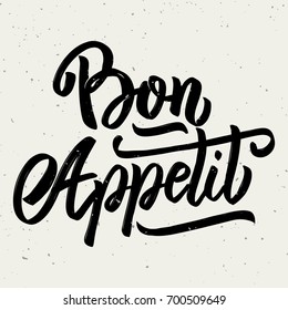 Bon appetit. Hand drawn lettering phrase isolated on white background. Design element for poster, greeting card. Vector illustration