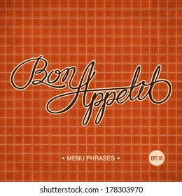 Bon Appetit - Hand drawn quote on gold background checkered pattern
