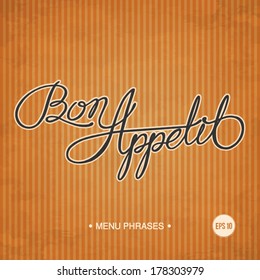 Bon Appetit - Hand drawn quote on gold background stripes pattern