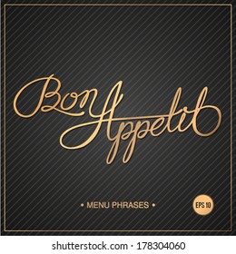 Bon Appetit - Hand drawn quote on gold background stripes pattern