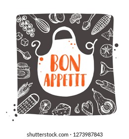 Bon appetit. Hand drawn vector illustration. Can be used for badges, labels, logo, bakery, street festival, farmers market, country fair, shop, kitchen classes, cafe, food studio