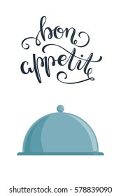 Bon Appetit! Hand lettered phrase with a tray. Vector illustration