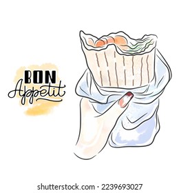 Bon appetit, hand lettering, Shawarma, a dish in pita bread in hands with a beautiful manicure, street food illustration, watercolor illustration, doodle