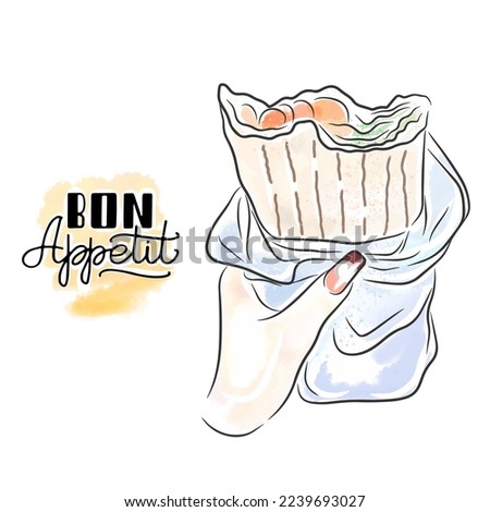 Bon appetit, hand lettering, Shawarma, a dish in pita bread in hands with a beautiful manicure, street food illustration, watercolor illustration, doodle