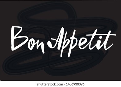 Bon Appetit hand lettering text. Сan be used in the design of banners, posters, postcards, stickers, badges, cafe. Vector illustration on background. 