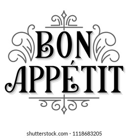Bon Appetit hand lettering, vintage drawn typography, custom letters with flourishes isolated on white background. Vector illustration.