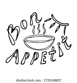 Bon appetit hand-drawn text. Calligraphic food inscription. Vector illustration