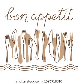 Bon appetit, a handwritten phrase . Cutlery on the tablecloth. Vector illustration, calligraphy.