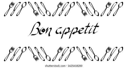 Bon appetit, a handwritten phrase . Framing of Cutlery . Vector illustration, calligraphy.