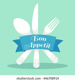 Bon appetit  illustration. Table setting.spoon fork knife vector icon.