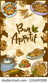 Bon appetit italian pasta concept banner. Hand drawn illustration of bon appetit italian pasta vector concept banner for web design