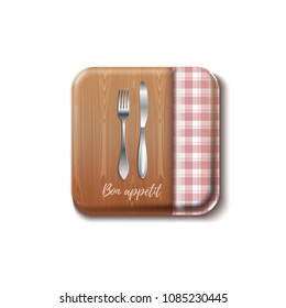 Bon appetit kitchen logo concept design. Knife and fork on a wooden table with tablecloth. Realistic vector illustration