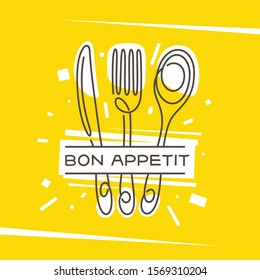 Bon Appetit kitchen monoline style poster. Fork knife spoon stylized creative drawing on fancy yellow background. Cooking related wall art print design decoration. Vector vintage illustration.