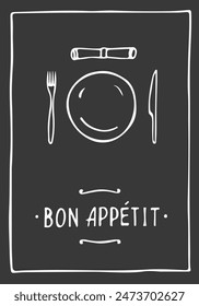 Bon appetit lettering and cartoon composition on the menu cover