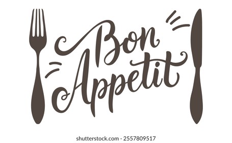 Bon appetit lettering with cutlery silhouette. Print for dishes, napkins, signboard. Design for cafe, restaurant. Vector graphics isolated on white background