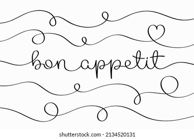 Bon Appetit lettering. Vector illustration of creative typography with continuous one line hand drawn text isolated on white background for your design