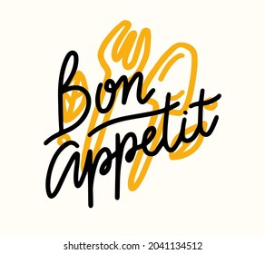 Bon Appetit Lettering, Written Food Poster with Doodle Fork and Spoon. Graphic Design Element, Print for Menu, Cafe and Restaurant Decoration. Hand Drawn Kitchen Quote Drawing. Vector Illustration