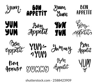 Bon appetit lettering. Yum yum doodle text, handwritting design. Tasty food stickers for menu, banners, cards, packaging. Decorative neoteric vector graphic