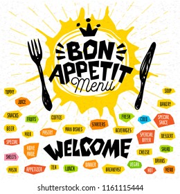 Bon appetit menu welcome, fork, knife, menu. Lettering, labels, logo, sketch style, craft, pasta, vegan, tea, coffee; desserts, yummy, soup, combo, salad, pastry. Hand drawn vector illustration.