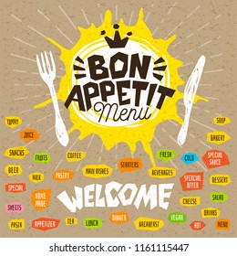 Bon appetit menu welcome, fork, knife, menu. Lettering, labels, logo, sketch style, craft, pasta, vegan, tea, coffee; desserts, yummy, soup, combo, salad, pastry. Hand drawn vector illustration.